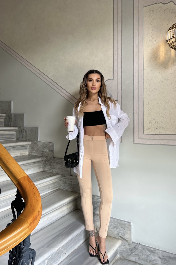 Krem Dikiş Detay Dar Pantolon ATE4373 - 