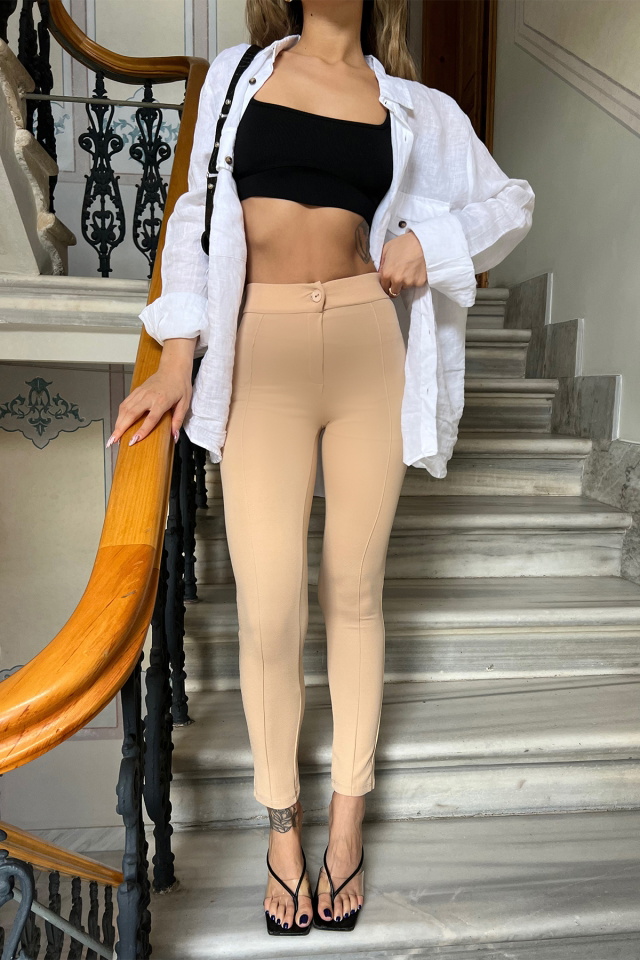 Krem Dikiş Detay Dar Pantolon ATE4373