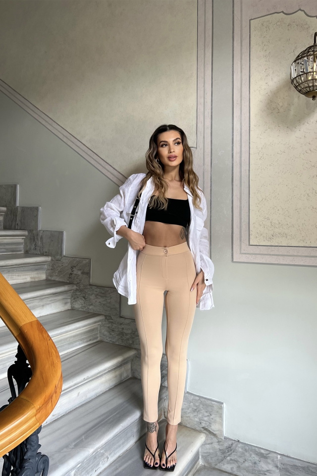 Krem Dikiş Detay Dar Pantolon ATE4373
