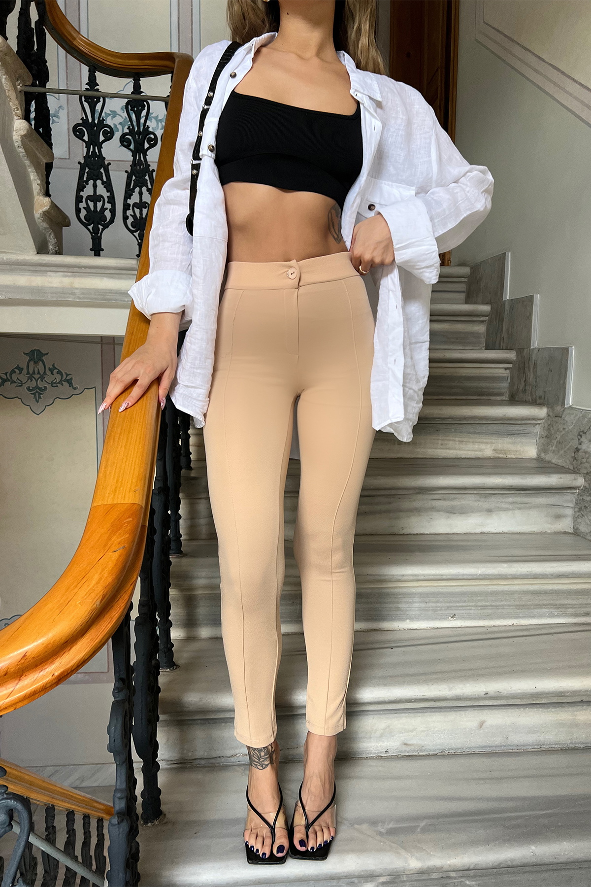 Krem Dikiş Detay Dar Pantolon ATE4382 - 2