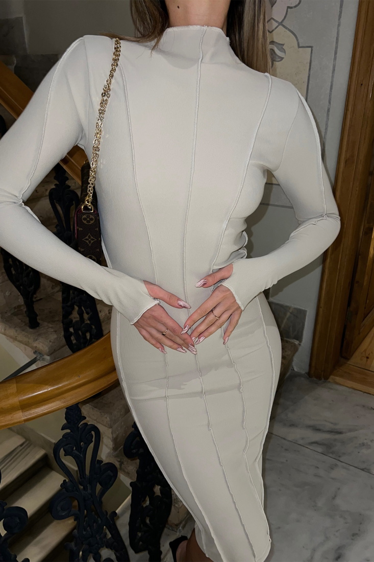 Krem Dikiş Detay Uzun Elbise ATE4134 - EYYO