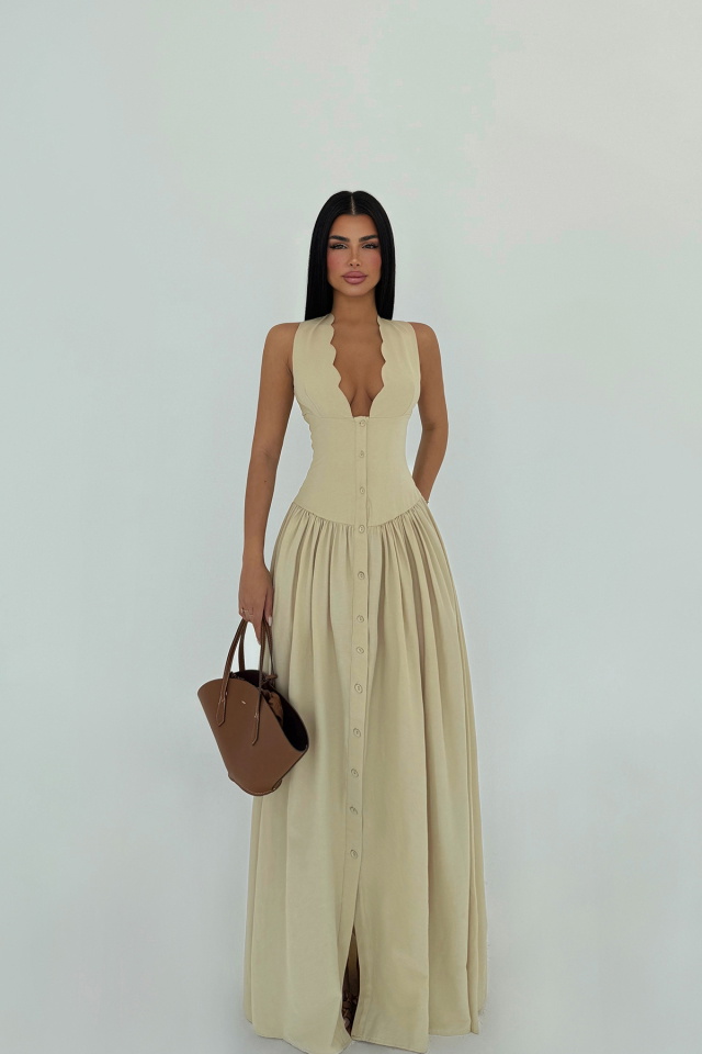 Krem Emilie Uzun Elbise ATE-2341 