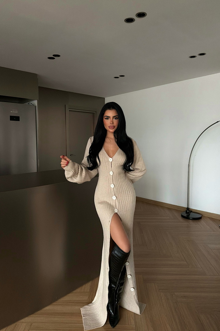 Krem Ophelie Triko Elbise ATE-4461 - EYYO