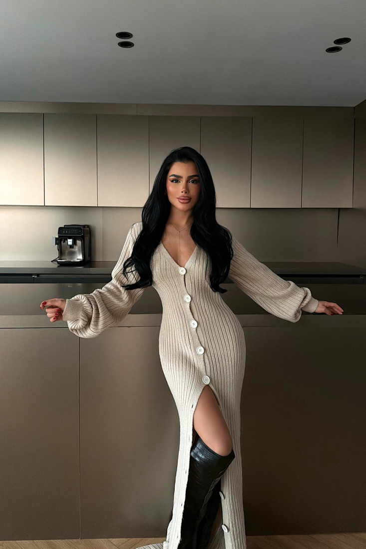 Krem Ophelie Triko Elbise ATE-4461 - EYYO