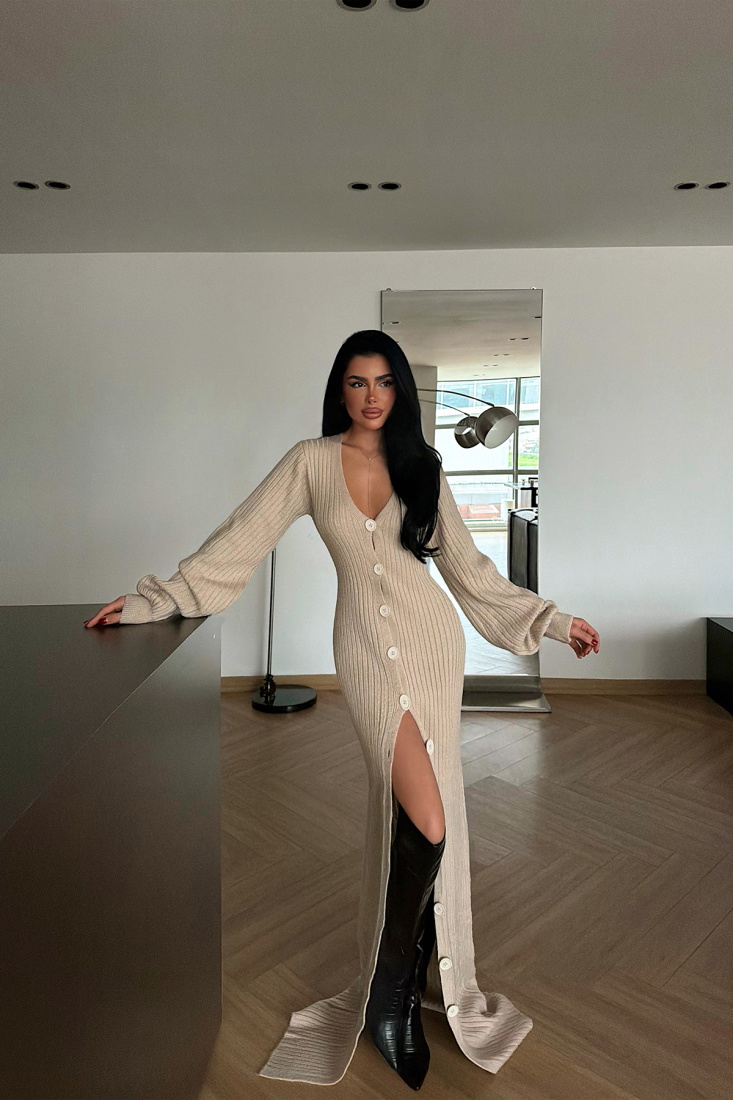 Krem Ophelie Triko Elbise ATE-4461 - EYYO