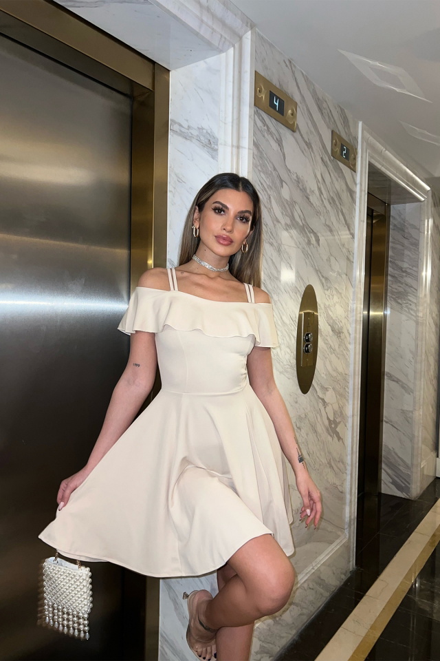 Krem Düşük Kol Mini Elbise ATE4685 - 4