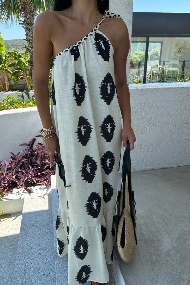 Krem Etnik Desen Uzun Elbise ATE7922 - EYYO