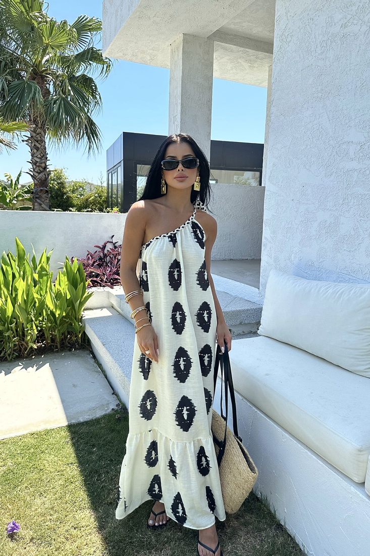 Krem Etnik Desen Uzun Elbise ATE7922 - EYYO