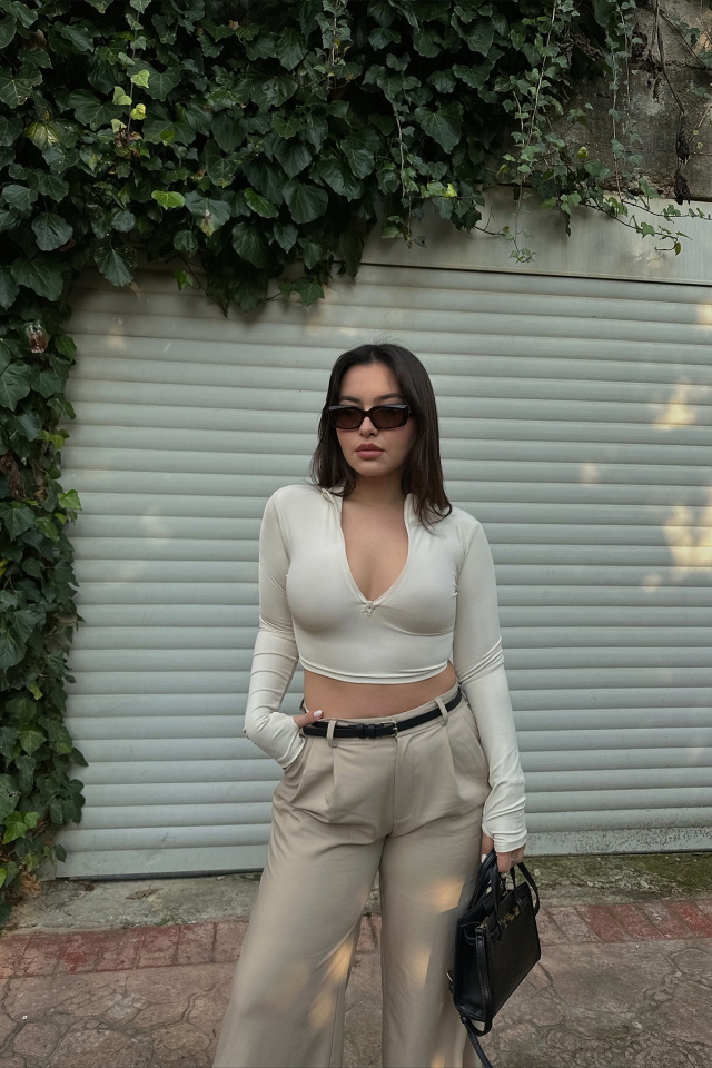 Krem Fermuar Detay Crop Top -