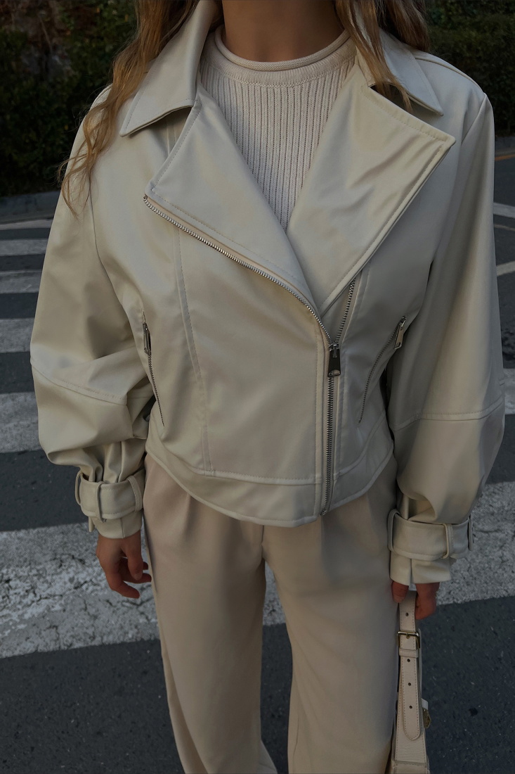 Krem Fermuar Detay Deri Ceket ATE2660 - EYYO