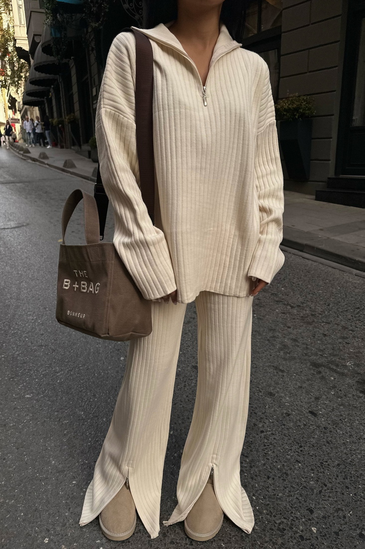 Krem Fermuar Detay Pantolonlu Takım ATE-0019 - EYYO