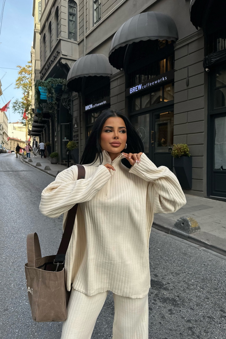 Krem Fermuar Detay Pantolonlu Takım ATE-0019 - EYYO