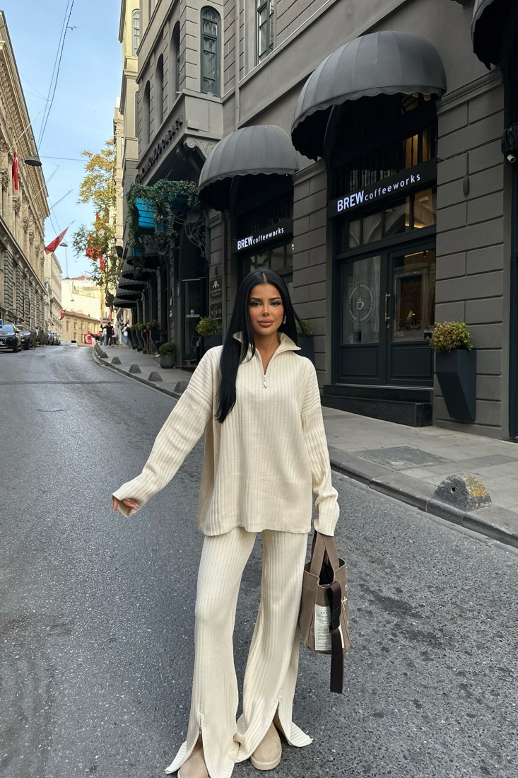 Krem Fermuar Detay Pantolonlu Takım ATE-0019 - EYYO