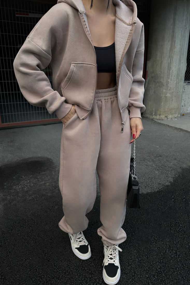 Krem Fermuar Detay Pantolonlu Takım ATE-0793 - EYYO