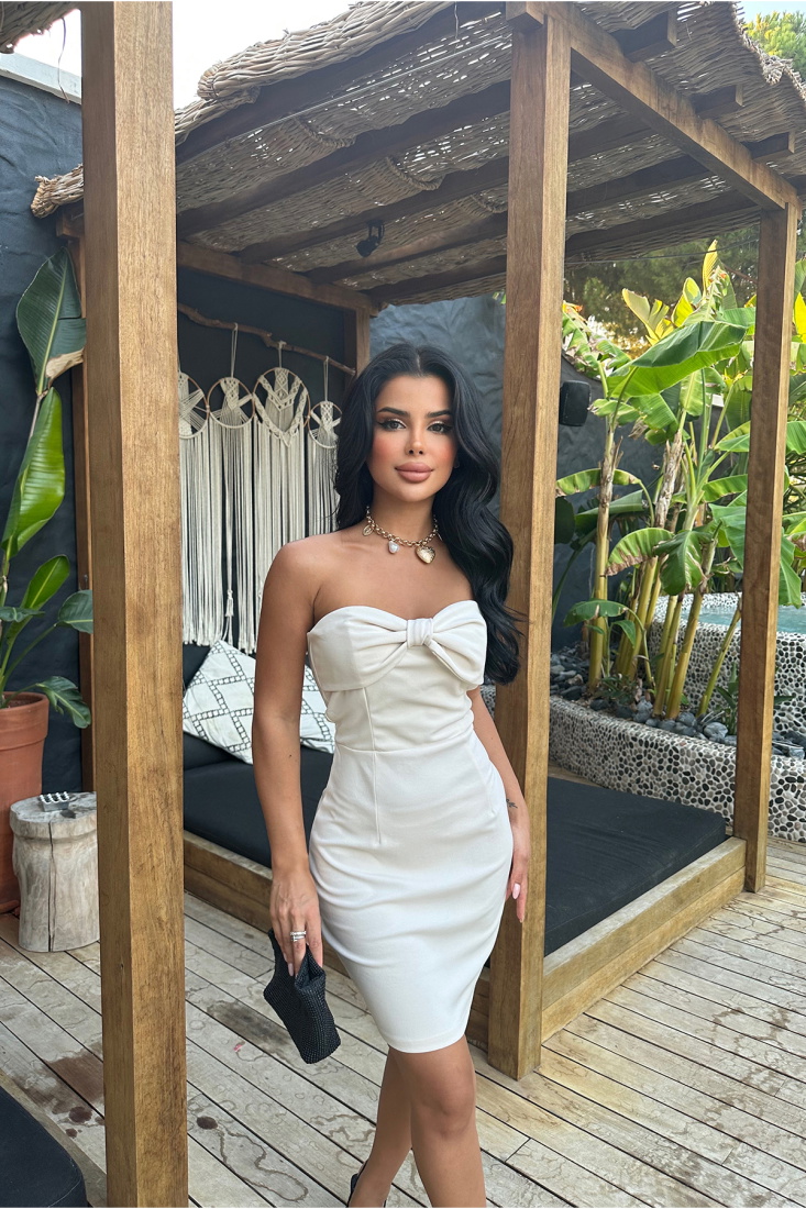 Krem Fiyonk Detay Mini Elbise ATE8074 - EYYO