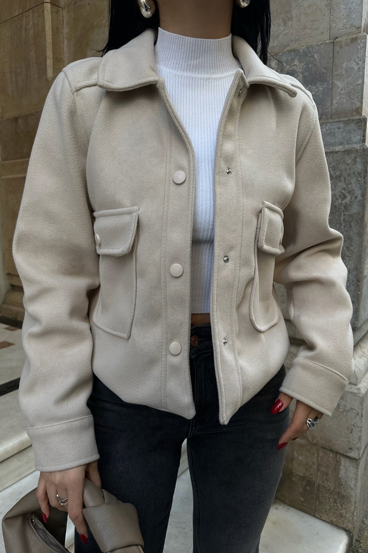 Krem Gömlek Yaka Cep Detay Ceket ATE-0785 - EYYO