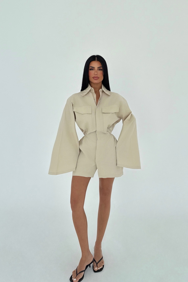 Krem Gömlek Yaka Elbise ATE-2356 - EYYO