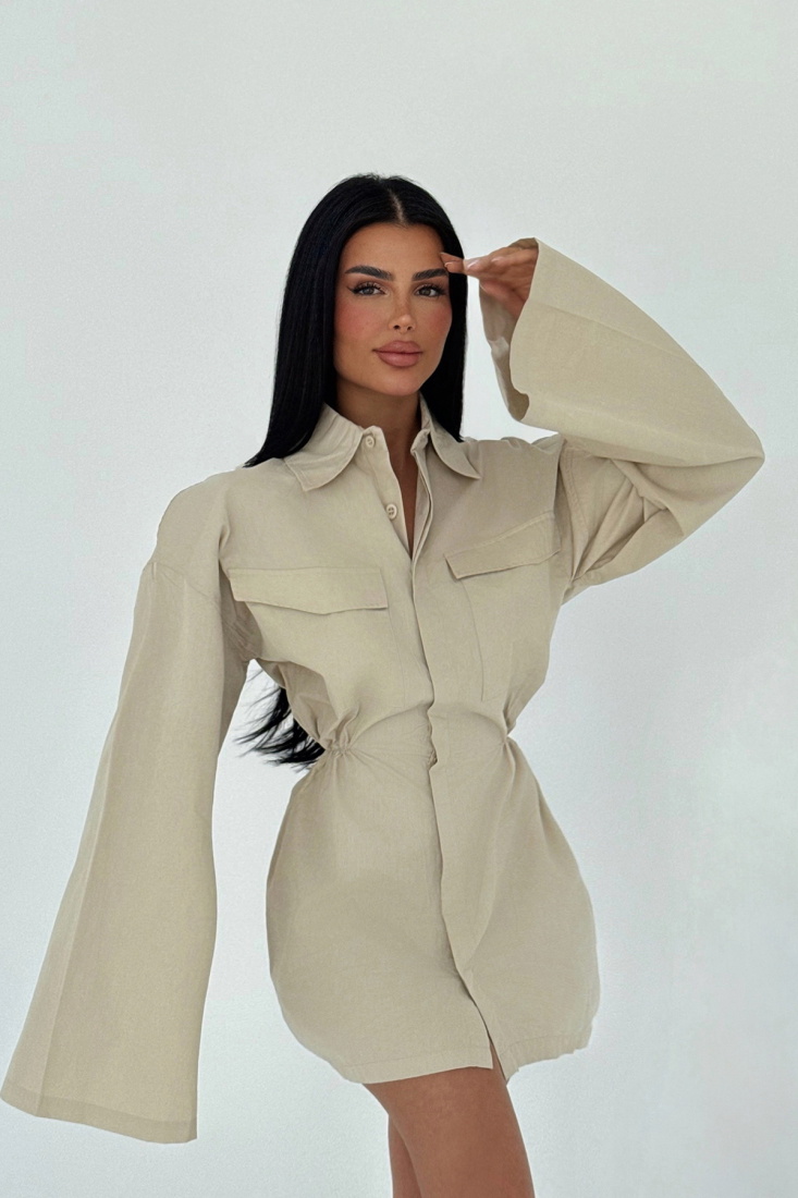 Krem Gömlek Yaka Elbise ATE-2356 - EYYO