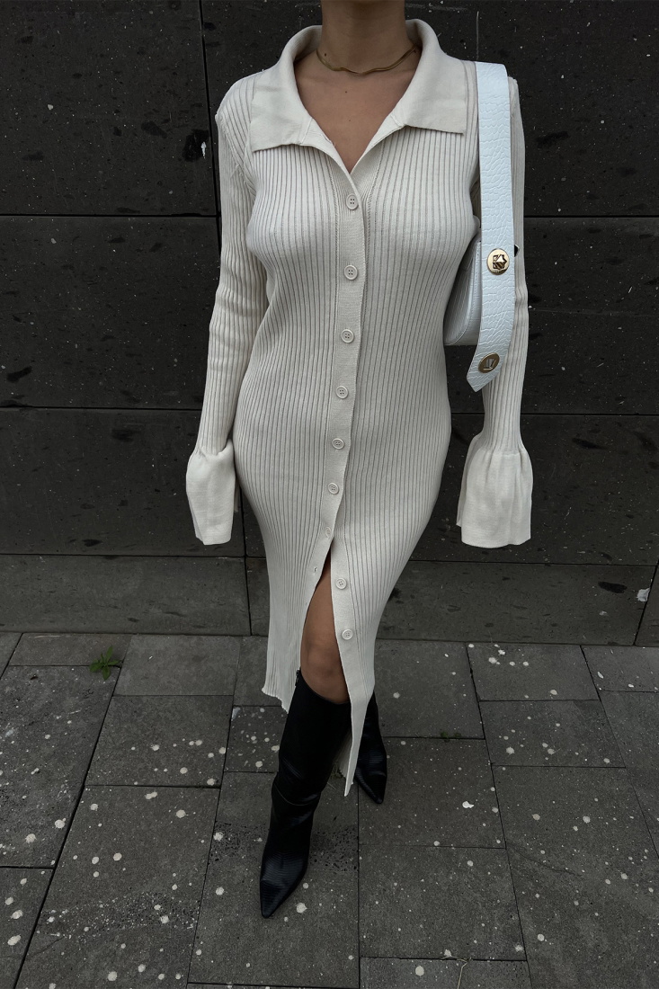 Krem Gömlek Yaka Triko Elbise ATE2471 - EYYO