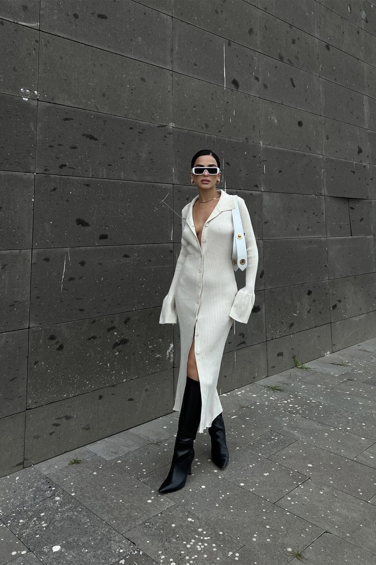 Krem Gömlek Yaka Triko Elbise ATE2471 - EYYO