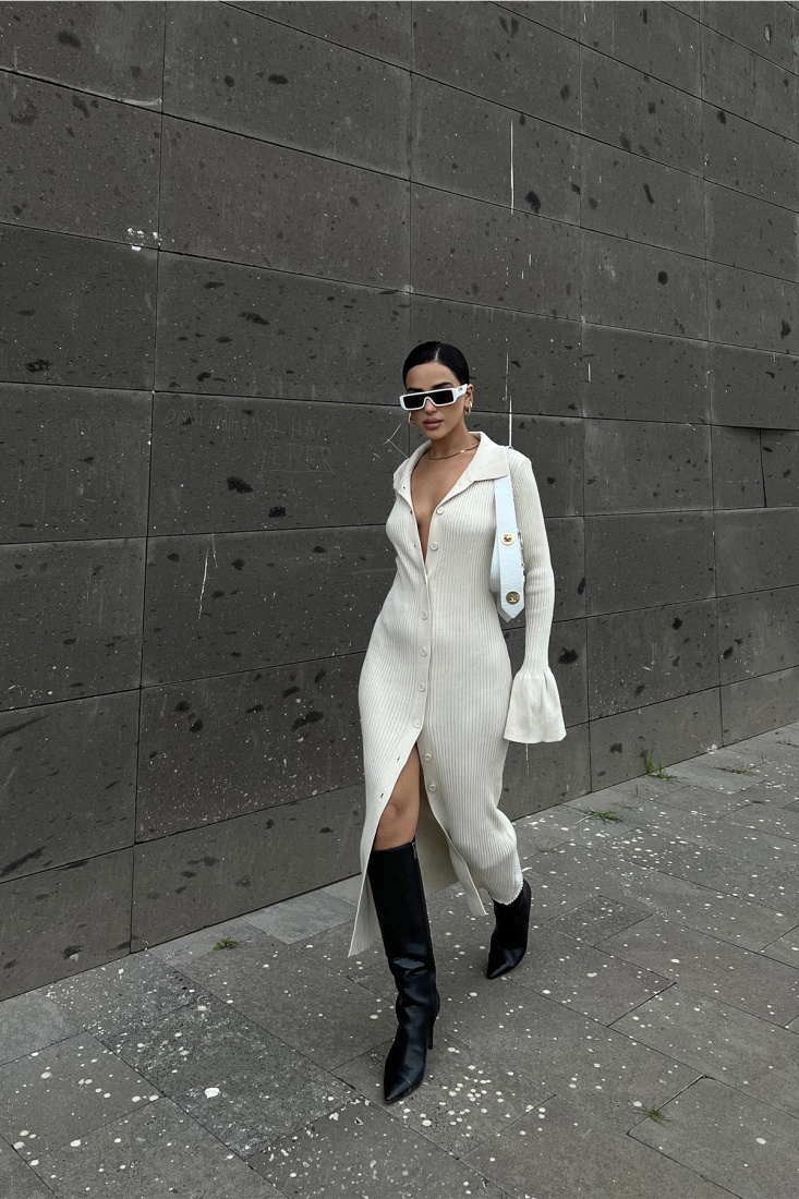 Krem Gömlek Yaka Triko Elbise ATE2471 - EYYO