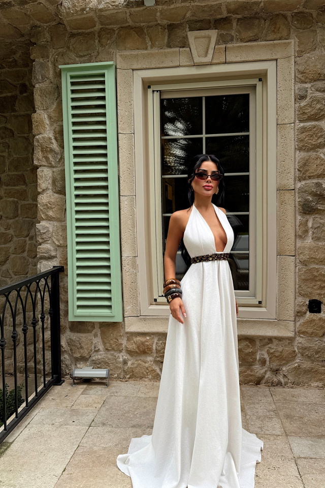 Krem Halter Yaka Uzun Elbise ATE-4781 - 2