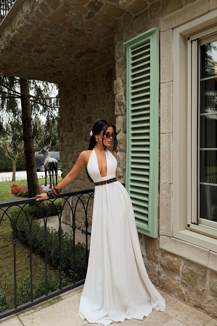 Krem Halter Yaka Uzun Elbise ATE-4781 - EYYO