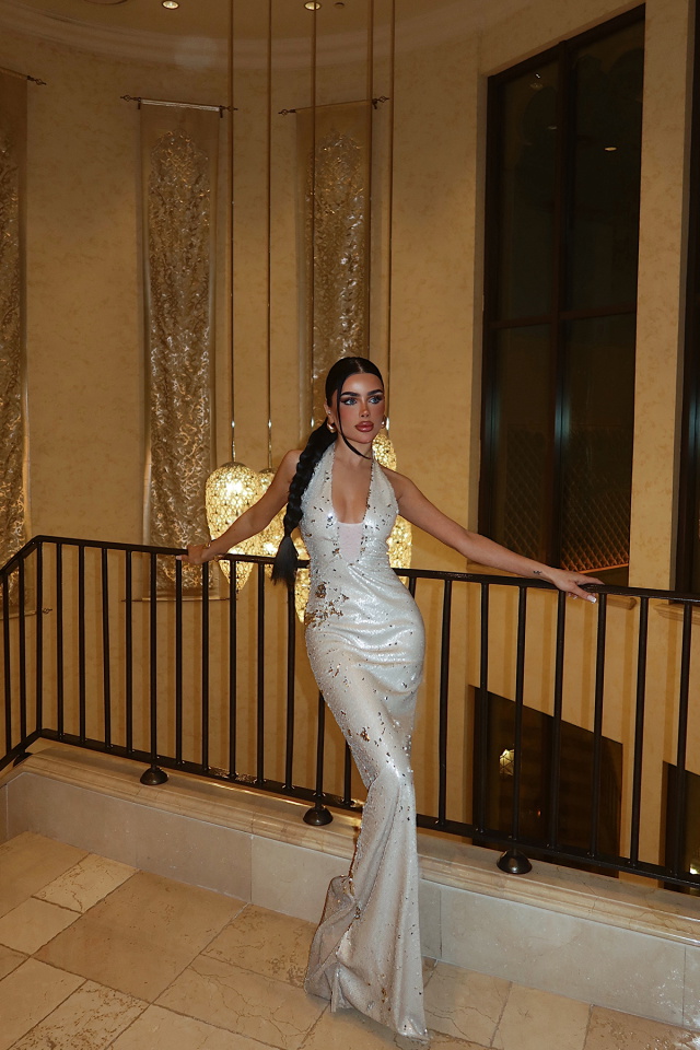 Krem Coquille Payetli Uzun Elbise ATE-4668 - 2