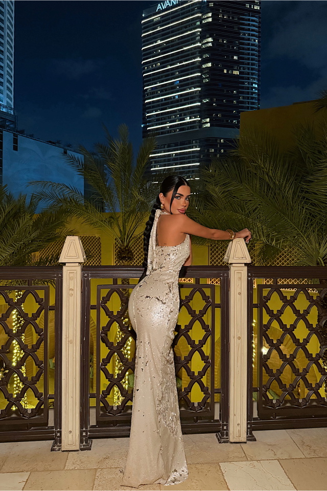 Krem Coquille Payetli Uzun Elbise ATE-4668 - 5