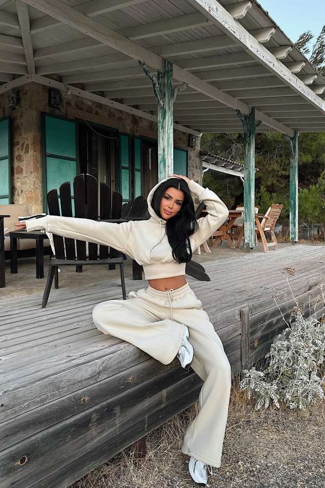 Krem Scarf Kapşonlu Eşofman Takım ATE-3695 - 2