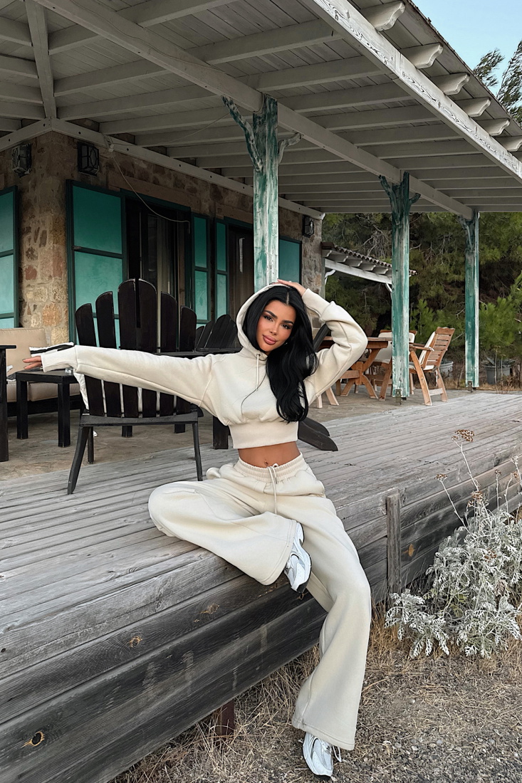 Krem Scarf Kapşonlu Eşofman Takım ATE-3695 - EYYO