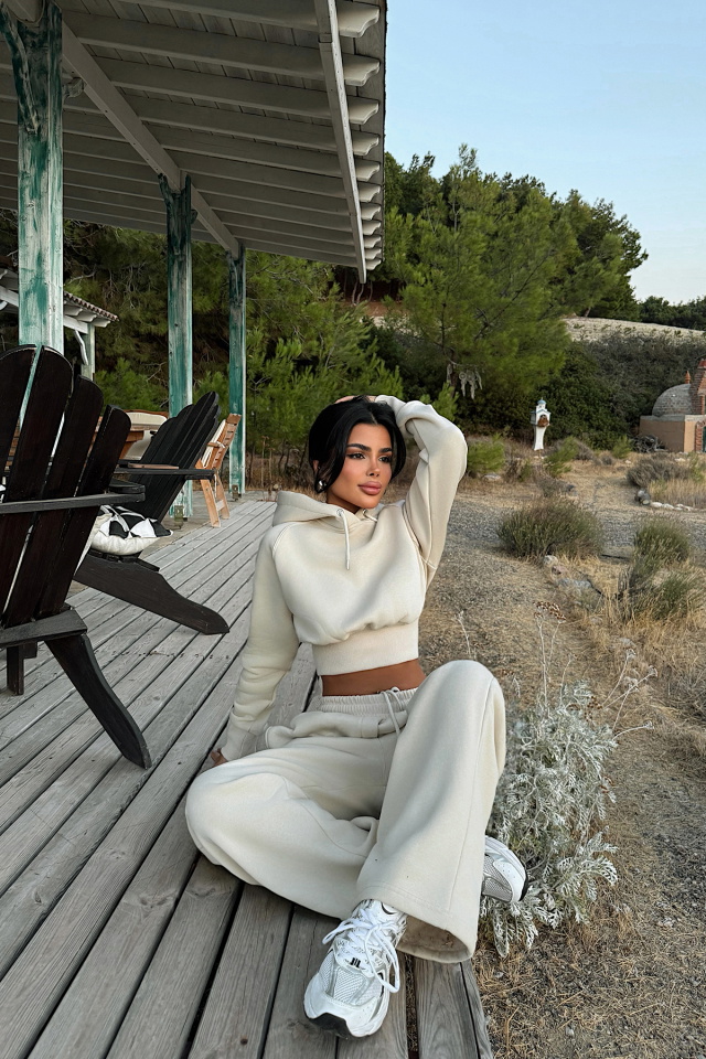 Krem Scarf Kapşonlu Eşofman Takım ATE-3695 - 