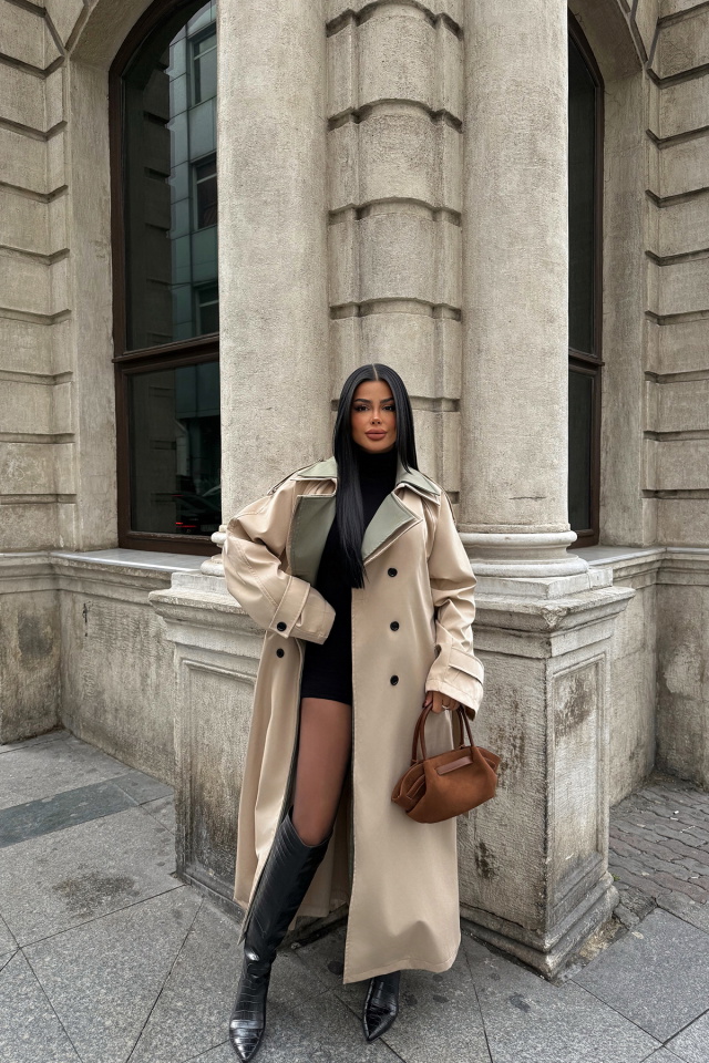 Krem Penny lane Yakası İki Renk Trençkot ATE-1947 - 6