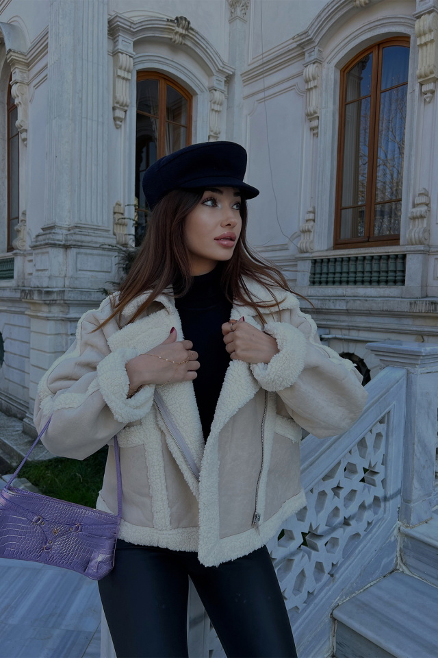 Krem Kontrast Yünlü Mont ATE2627 