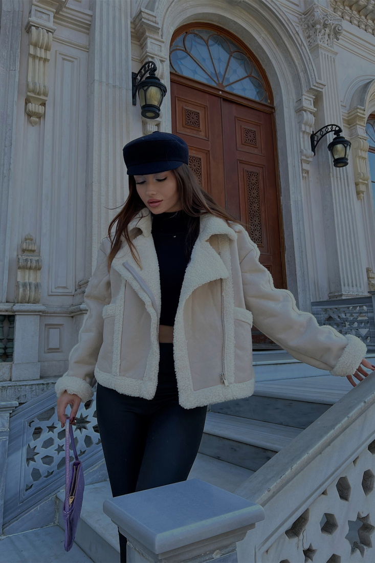 Krem Kontrast Yünlü Mont ATE2627 - EYYO