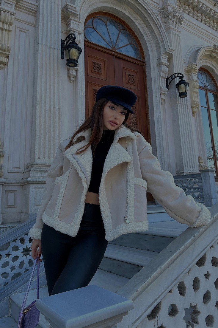 Krem Kontrast Yünlü Mont ATE2627 - EYYO