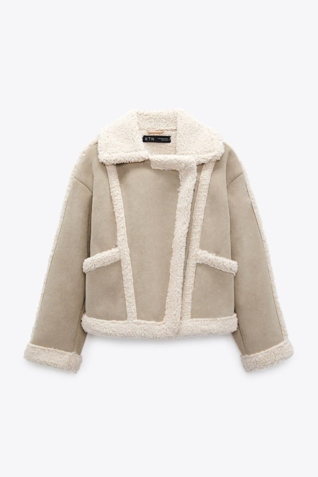 Krem Kontrast Yünlü Mont ATE2627 - 5