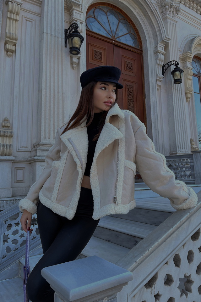 Krem Kontrast Yünlü Mont ATE2627 - 4