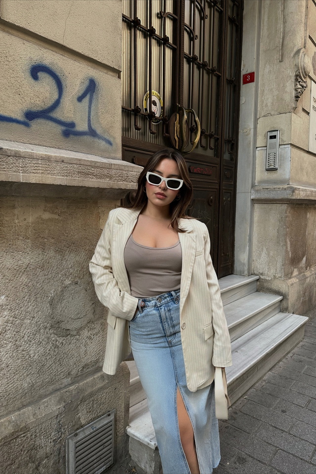 Krem Kruvaze Yaka Ceket ATE6658 - 1