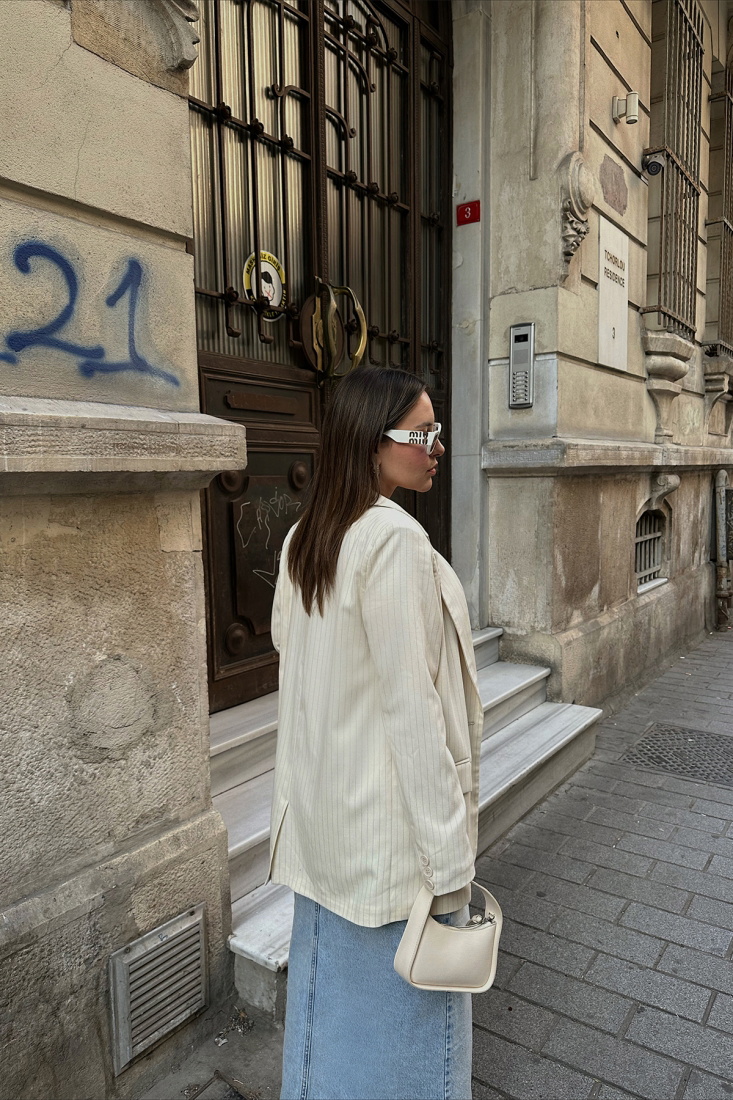 Krem Kruvaze Yaka Ceket ATE6658 - EYYO