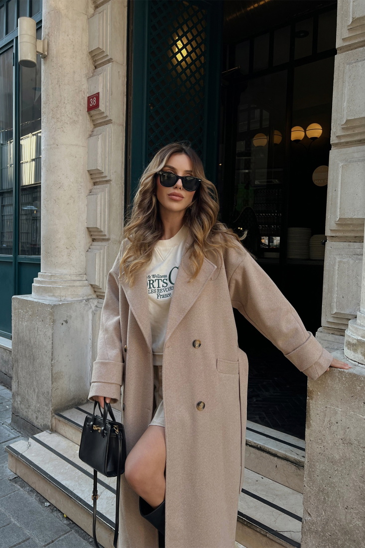 Krem Kruvaze Yaka Önü Düğmeli Kaban ATE2293 - EYYO