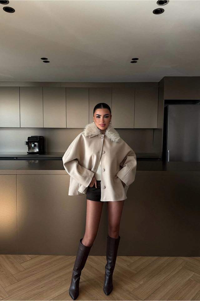 Krem Kürk Detay Ceket ATE-4735 