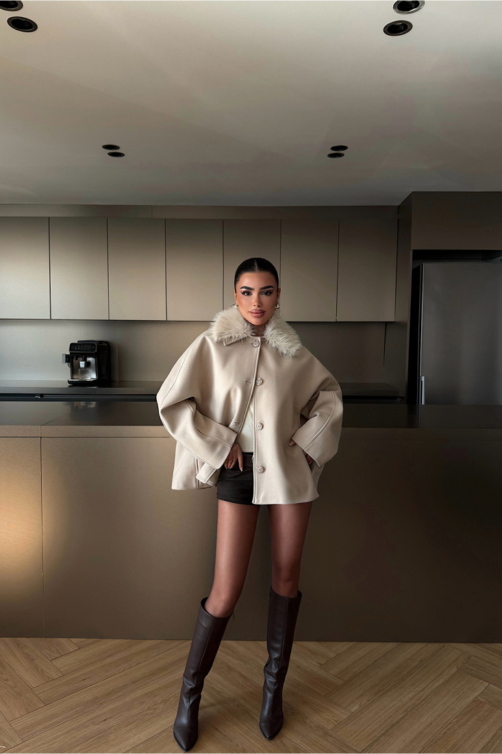 Krem Kürk Detay Ceket ATE-4735 - EYYO