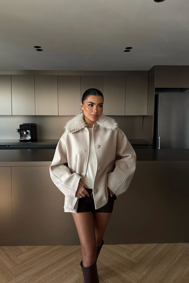 Krem Kürk Detay Ceket ATE-4735 - 2