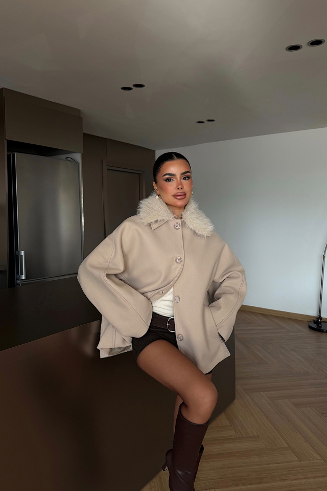 Krem Kürk Detay Ceket ATE-4735 - 3