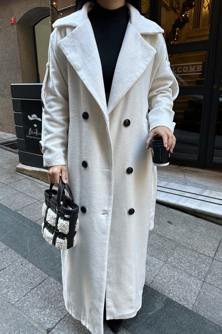 Krem Kuşak Detay Düğmeli Kaban ATE-0746 - EYYO