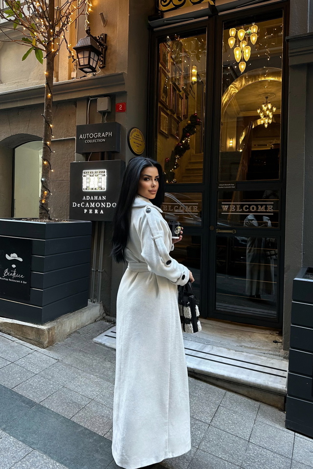 Krem Kuşak Detay Düğmeli Kaban ATE-0746 - 4