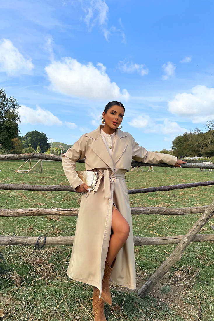 Krem Kuşak Detay Trenckot ATE8767 - EYYO