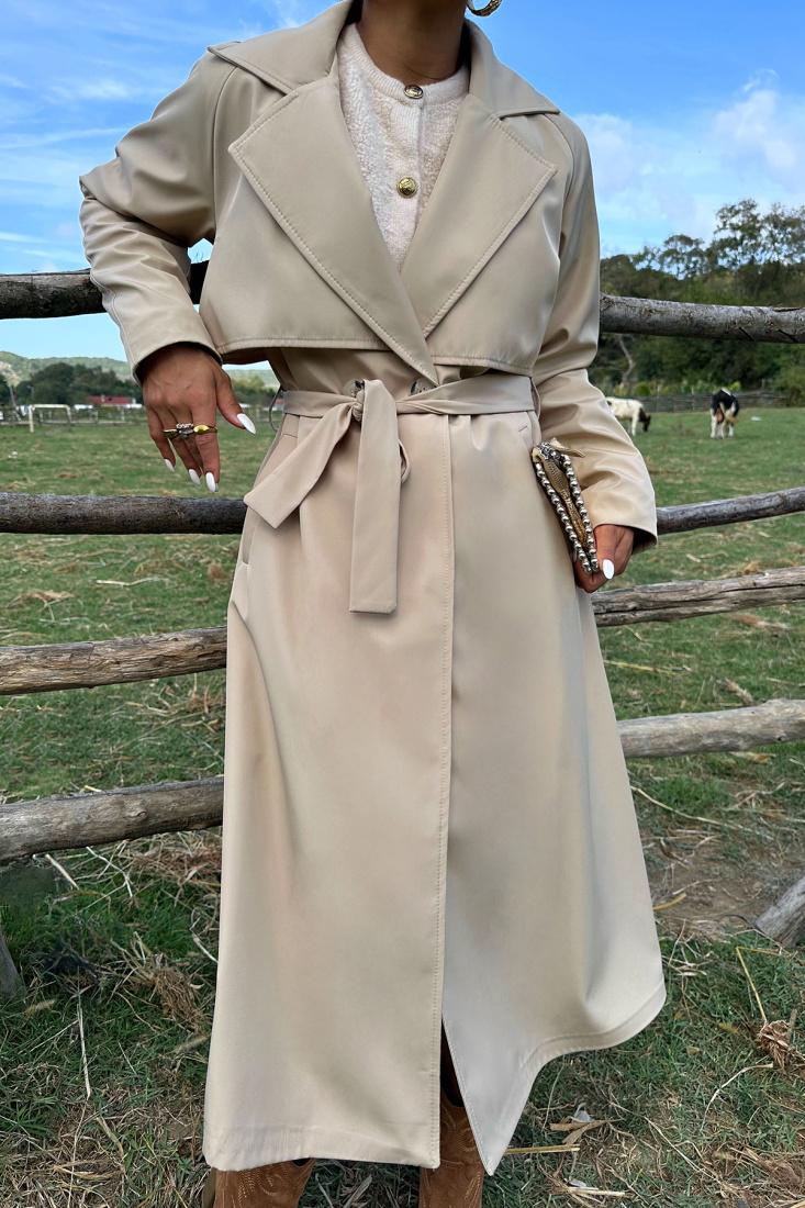 Krem Kuşak Detay Trenckot ATE8767 - EYYO