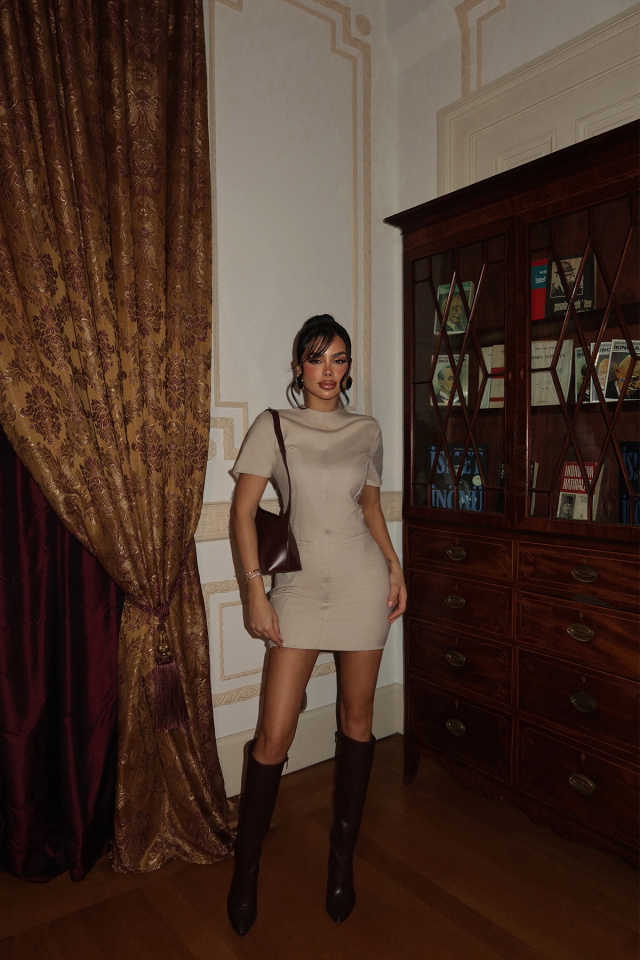 Krem Tiya Mini Elbise ATE-2098 